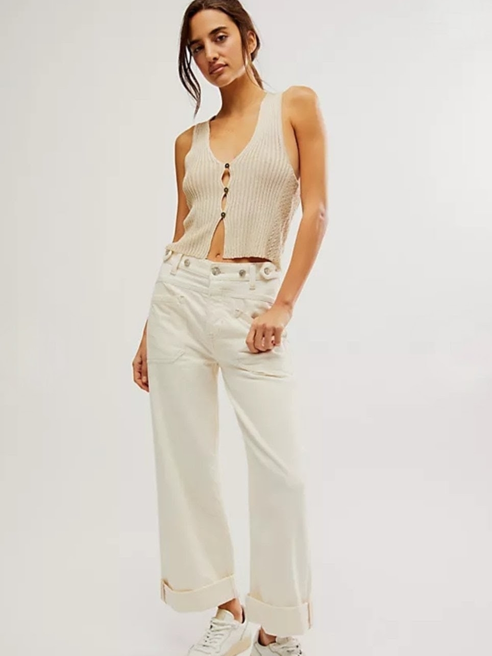 Free People We The Free Cream Wide Leg  High-Rise Button Jeans | Sz 27